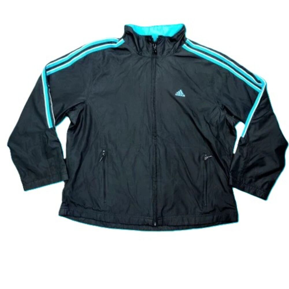 Vintage 2002 Adidas Track Jacket Black Turquoise Stripes Full Zip L Y2K Men’s